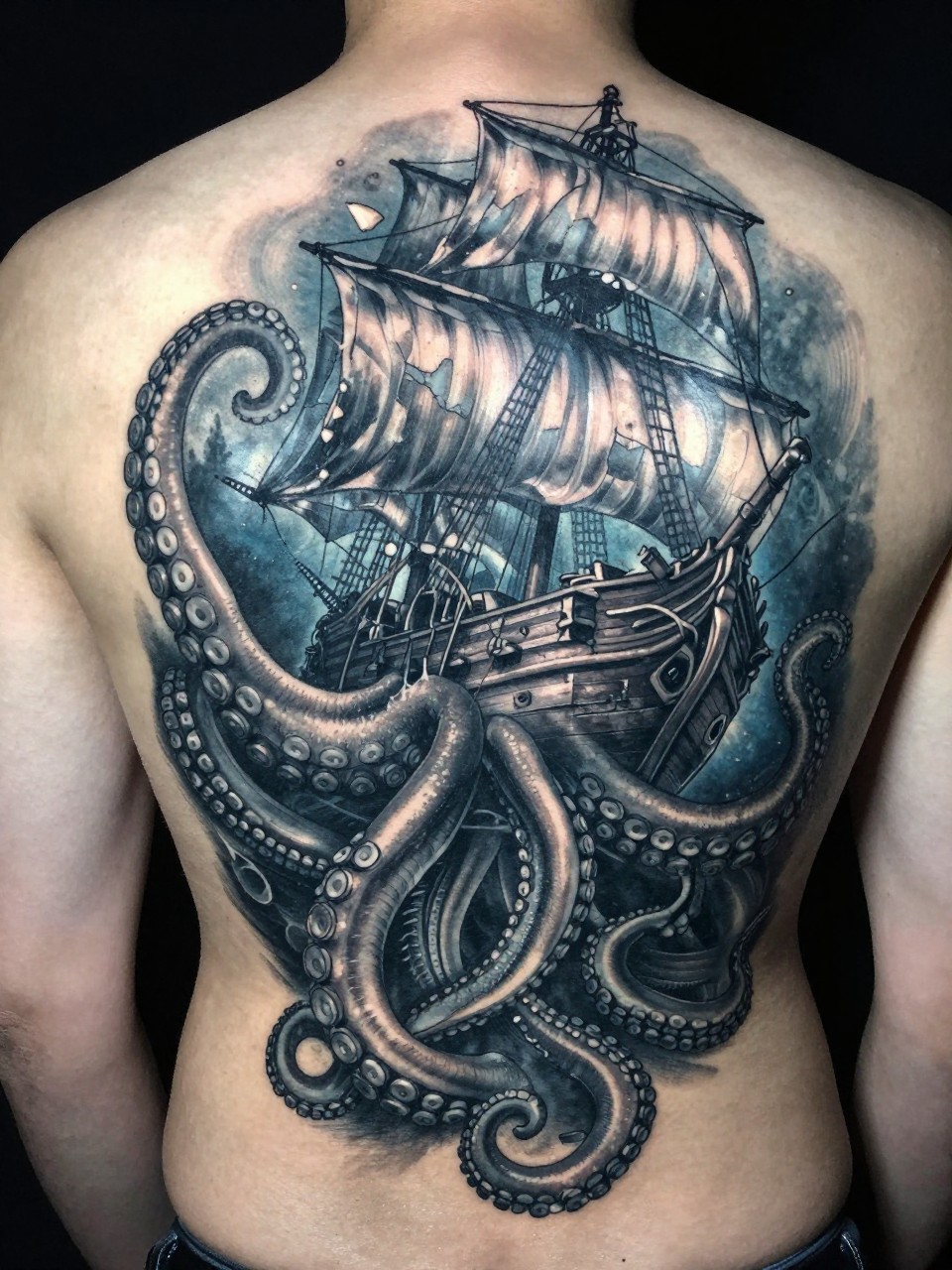 Back piece in grey realism: A giant squid-like kraken tattoo with suction-cup tentacles ensnaring a wooden galleon. The ship is splintering. Dark blue and black shading creates a deep, underwater atmosphere."