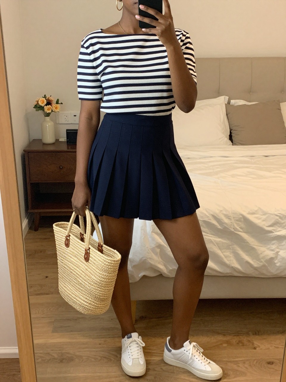 iPhone mirror selfie of a black woman wearing a navy and white striped boatneck top tucked into a navy pleated mini skirt with white sneakers and gold hoop earrings, holding a straw tote bag, standing in a relaxed chic pose, cropped at NECK so face doesn't show, in a feminine-themed bedroom, warm moody lighting, iPhone photo quality.