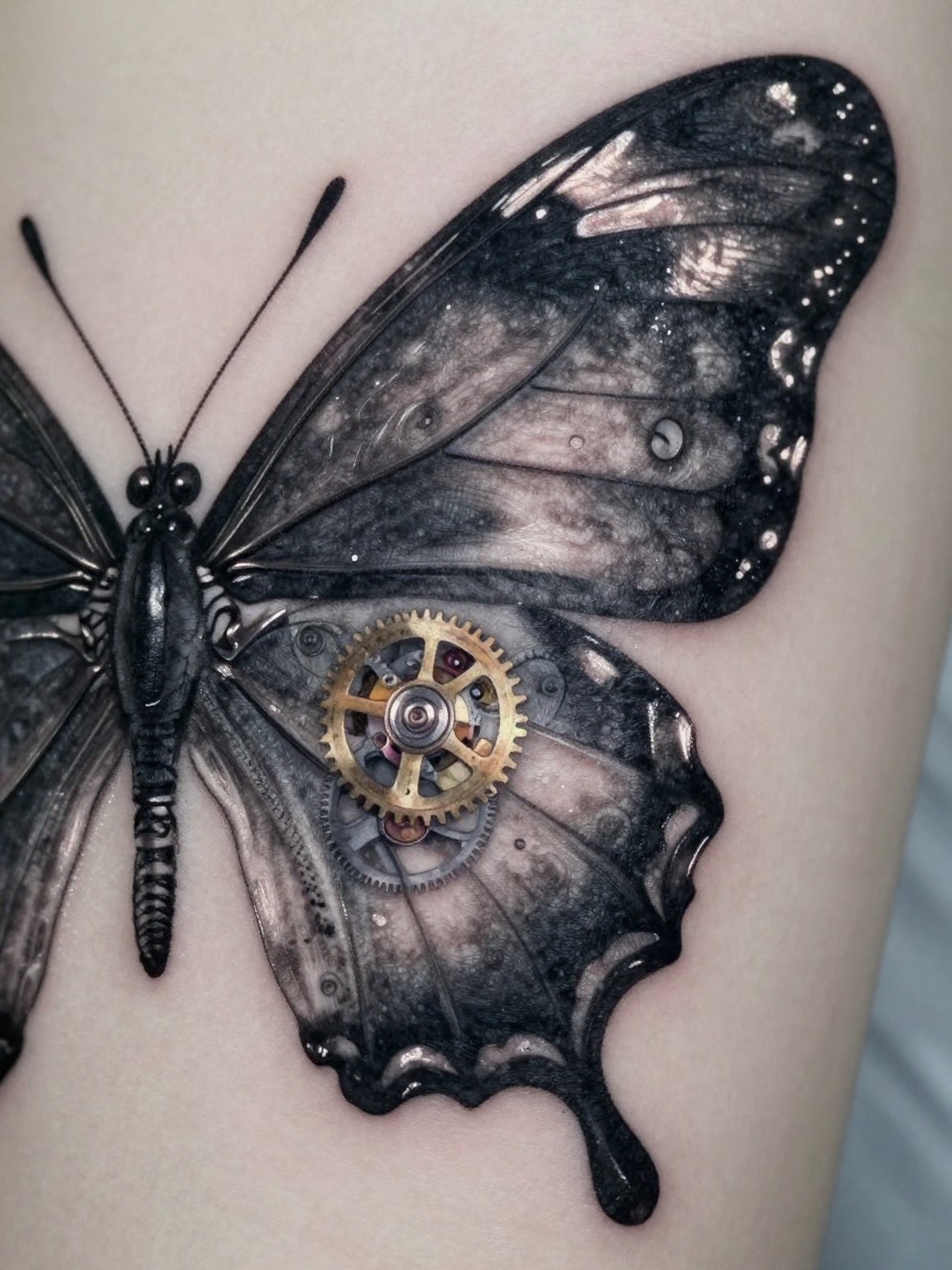Close-up detail tattoo: a butterfly's wing with a section of transparent, intricate clockwork machinery visible beneath its surface. Rendered in metallic greys and blacks."
