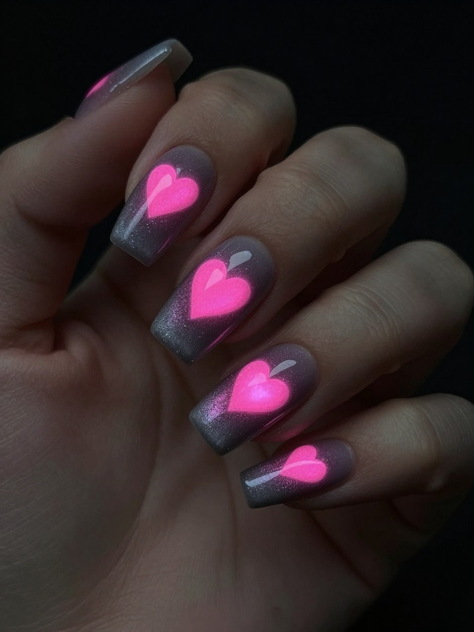 Angled view in moody lighting. The nails have a smoky grey cat eye fade. In the center of each nail, a bright pink cat eye heart glows intensely against the darker surroundings. The effect is dramatic and magical.