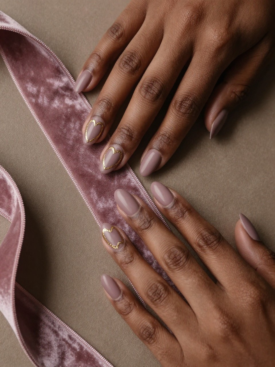 Overhead shot of black feminine hands with oval nails on a vintage mauve velvet ribbon. The nails are a matte dusty mauve. A delicate gold leaf outline of a heart adorns each nail. The lighting is warm and muted.