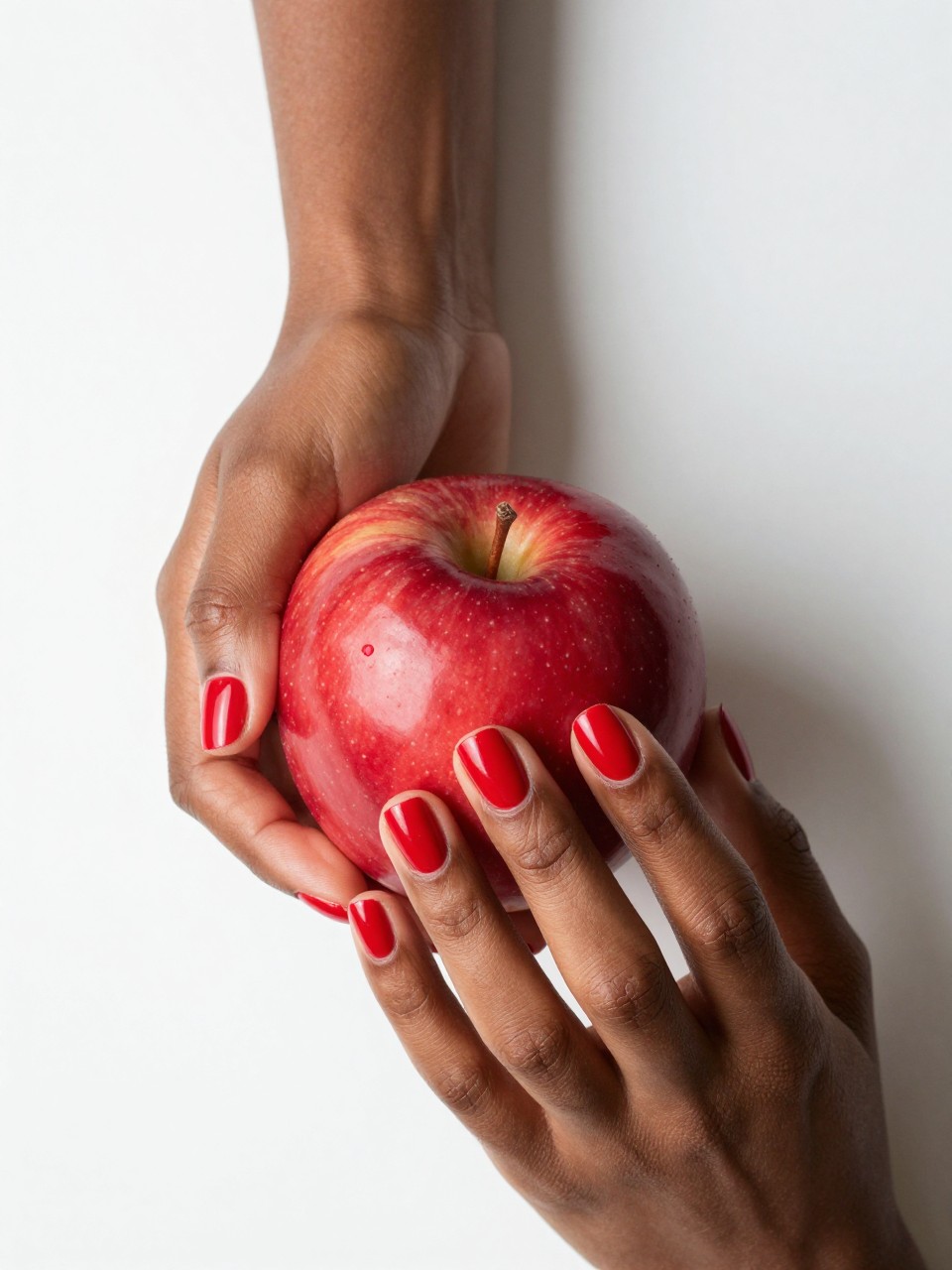Overhead shot of black feminine hands with short, neatly rounded nails holding a bright red apple. The nails are a glossy-looking cherry red, but with a velvety matte top coat. The vibrant color stands out against a simple white background in clear, natural light.
