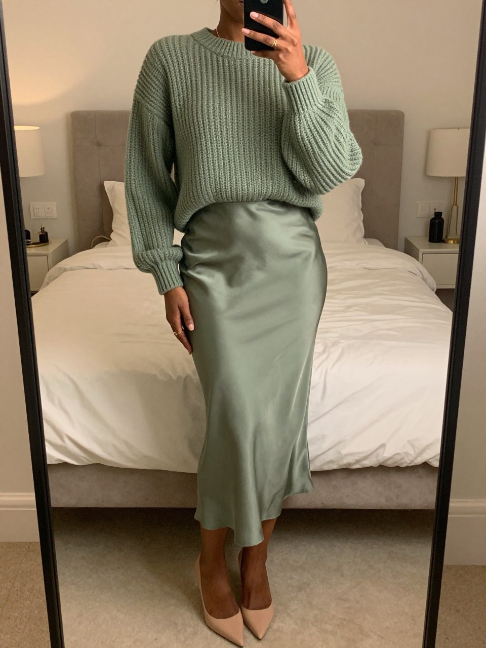 iPhone mirror selfie of a black woman wearing a sage green chunky knit sweater tucked into a matching sage green satin midi skirt creating a monochrome look, with nude pointed heels and minimal gold jewelry, standing in a sophisticated pose, cropped at NECK so face doesn't show, in a feminine-themed bedroom, warm moody lighting, iPhone photo quality.
