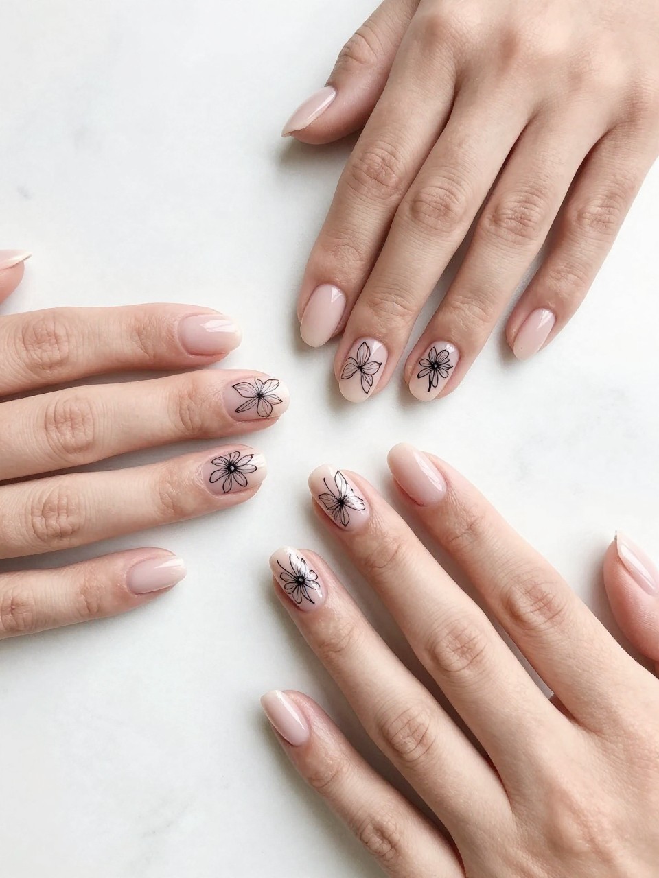 Overhead view of hands with well-manicured natural nails on a white marble counter. Each nail features a single, minimalist black line-art flower, such as a simplified orchid or dahlia. The composition is crisp, clean, and contemporary.