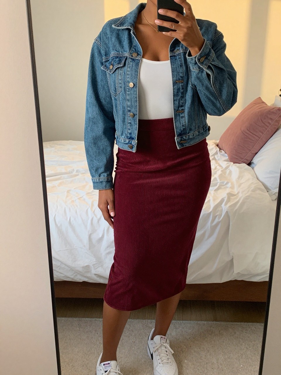 mirror selfie of a black woman wearing a white bodysuit tucked into a maroon corduroy skirt with a denim jacket and white sneakers, holding her phone up near her face, cropped at NECK so face doesn't show, in a feminine-themed bedroom, evening golden hour, iPhone photo quality.