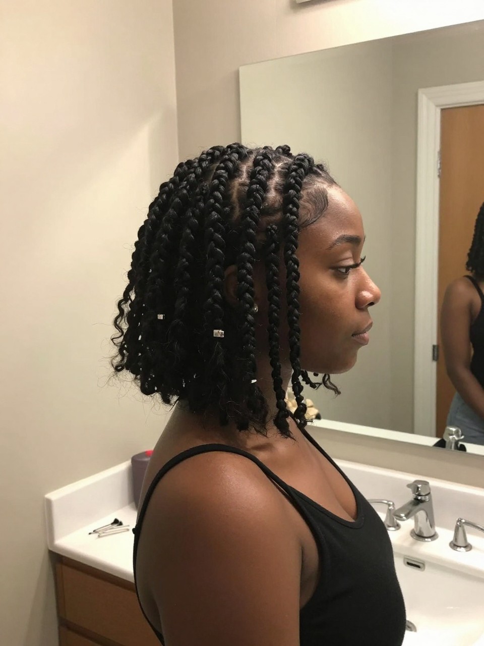 Photo of a black woman wearing a bob with twisted front sections, side profile view showing the twists pinned back, setting is a bathroom vanity mirror with soft indoor lighting, containing bobby pins on the counter, iPhone photo quality.