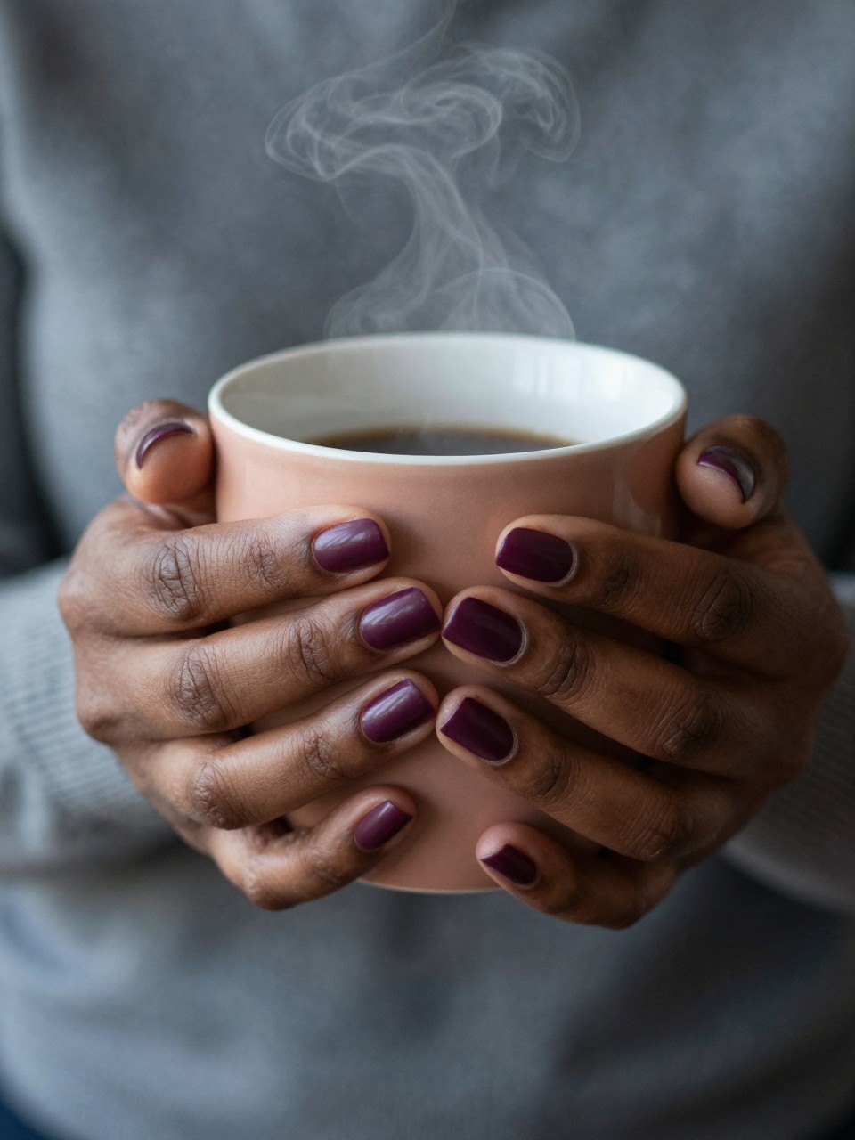 Overhead shot of black feminine hands with short, rounded nails wrapped around a warm mug. The nail color is a deep, matte plum that resembles a ripe berry. Soft steam rises from the mug in the cool, ambient light, creating a cozy atmosphere.