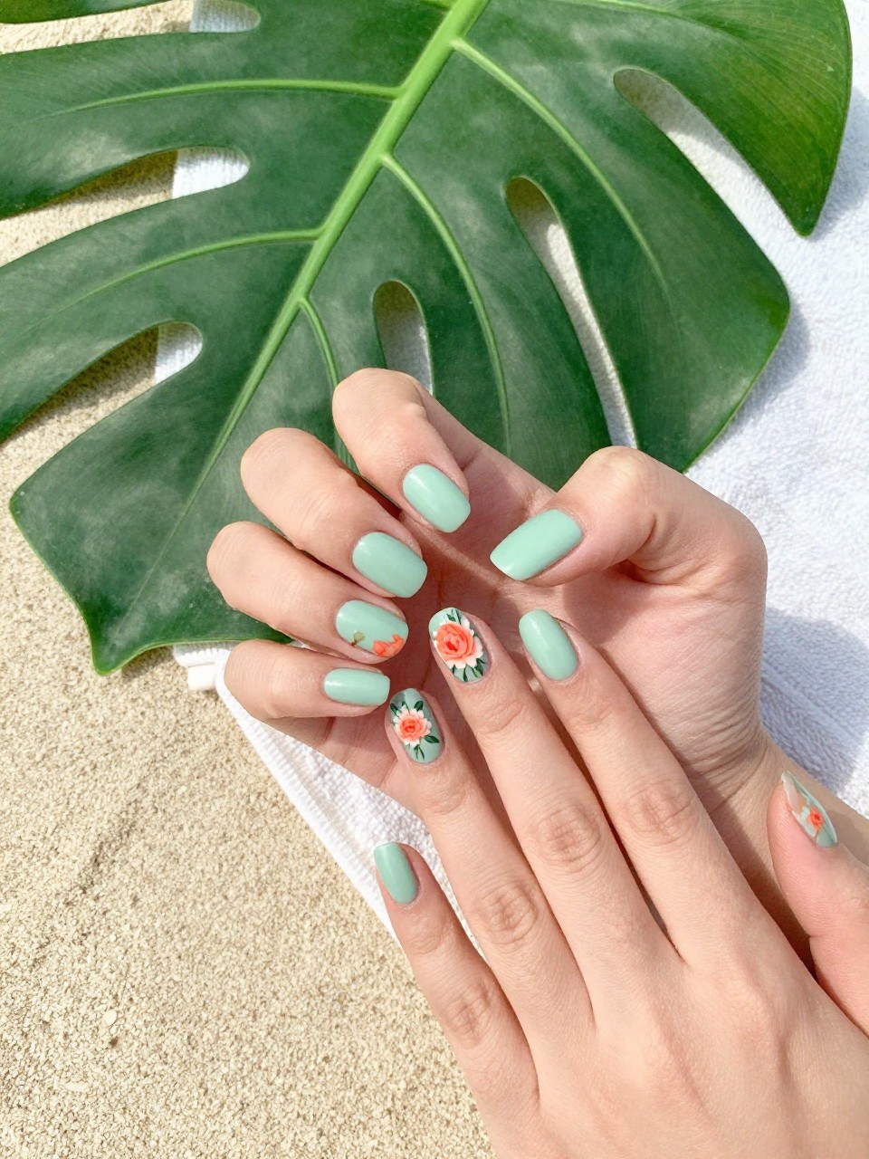Bird's-eye view of hands with rounded nails next to tropical leaves on a sandy beach towel. The nails are a matte seafoam green. The nail is designed with a single, detailed coral peony bloom. The background is bright and sunny, evoking a vacation.
