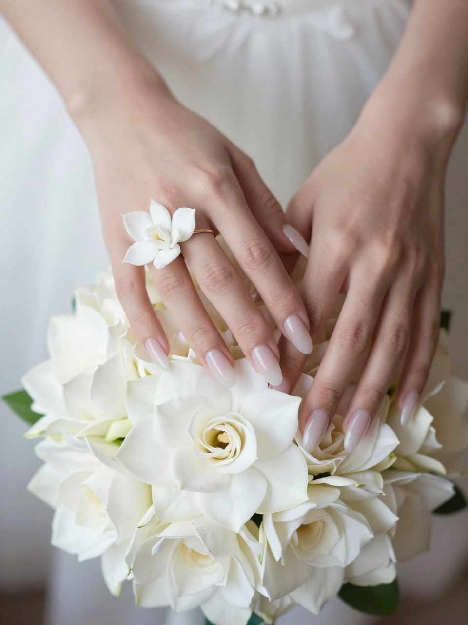 Overhead, top-down view of a feminine black bride’s hands with almond nails delicately holding a white gardenia from her bouquet. The nails have a sheer, glossy blush base. Each ring finger features a single, meticulously painted white gardenia. Soft, diffused lighting creates a romantic, airy feel.