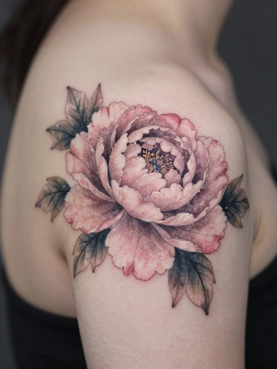 Macro shot of a shoulder blade tattoo: a large, softly shaded peony with layers of petals. The tattoo uses the natural curve of the bone as a bowl for the flower. Subtle pink watercolor at the petal bases.