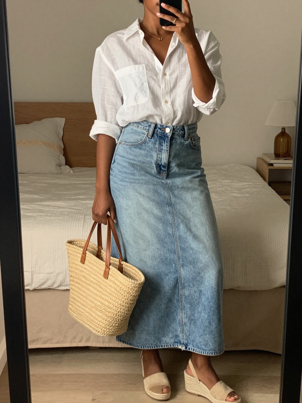mirror selfie of a black woman wearing a white linen button-down shirt with rolled sleeves tucked into a light-wash denim maxi skirt with espadrille wedges and a large straw beach bag, sunglasses on, standing in a relaxed summer pose, cropped at NECK so face doesn't show, in a feminine-themed bedroom, warm moody lighting, iPhone photo quality.