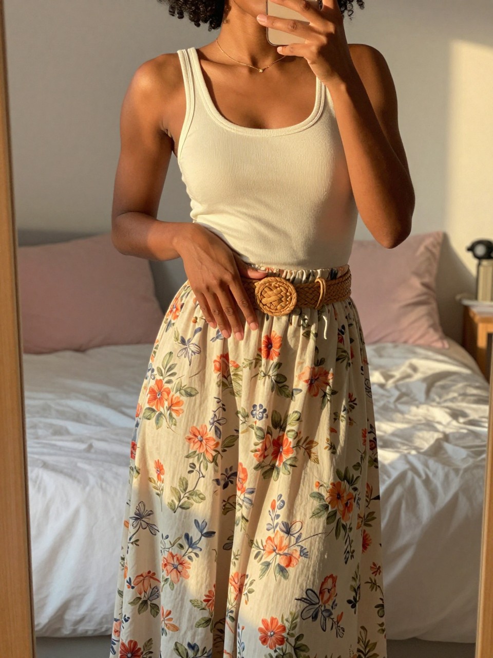 iPhone mirror selfie of a black woman in a cream tank top and a floral maxi skirt with a woven belt, hand resting on the belt, cropped at NECK so face doesn't show, in a feminine-themed bedroom, evening golden hour, iPhone photo quality.