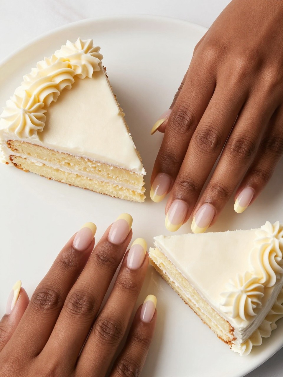 Overhead shot of black feminine hands near a slice of vanilla cake with buttercream frosting. The squoval nails show a smooth ombré from a light blush to a pale buttery yellow at the tips. The lighting is bright and cheerful, like a bakery.