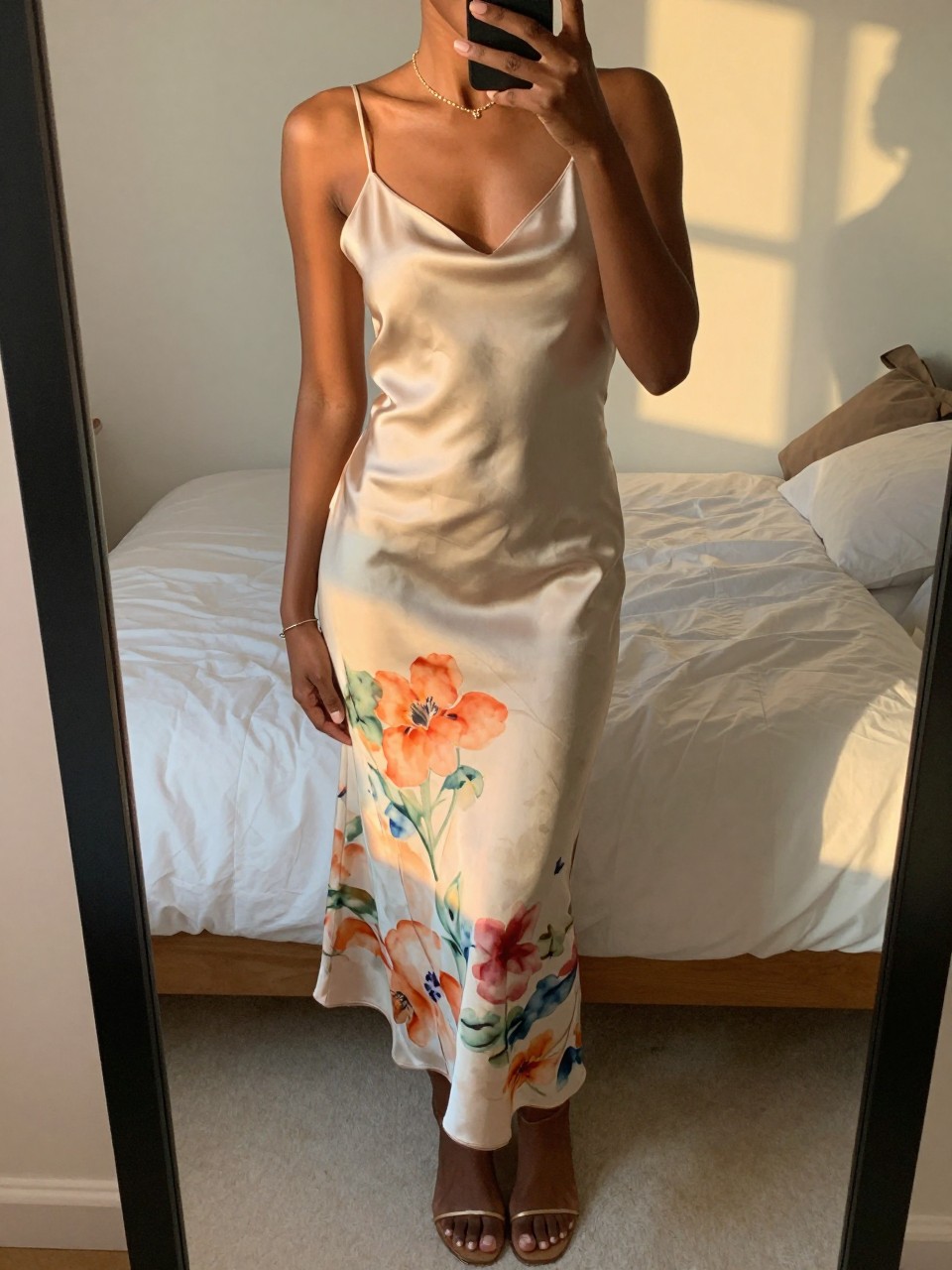 iPhone mirror selfie of a black woman in a champagne silk camisole and a watercolor floral skirt with flat sandals, gently adjusting her necklace, cropped at NECK so face doesn't show, in a feminine-themed bedroom, evening golden hour, iPhone photo quality.