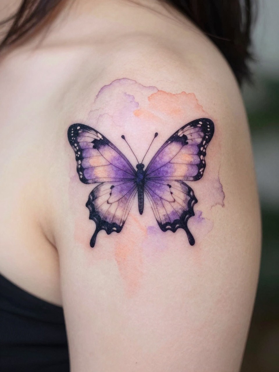 Close-up of the shoulder tattoo: a soft lavender and peach watercolor wash with a fine-line butterfly in the center. The colors blend seamlessly into the skin at the edges."
