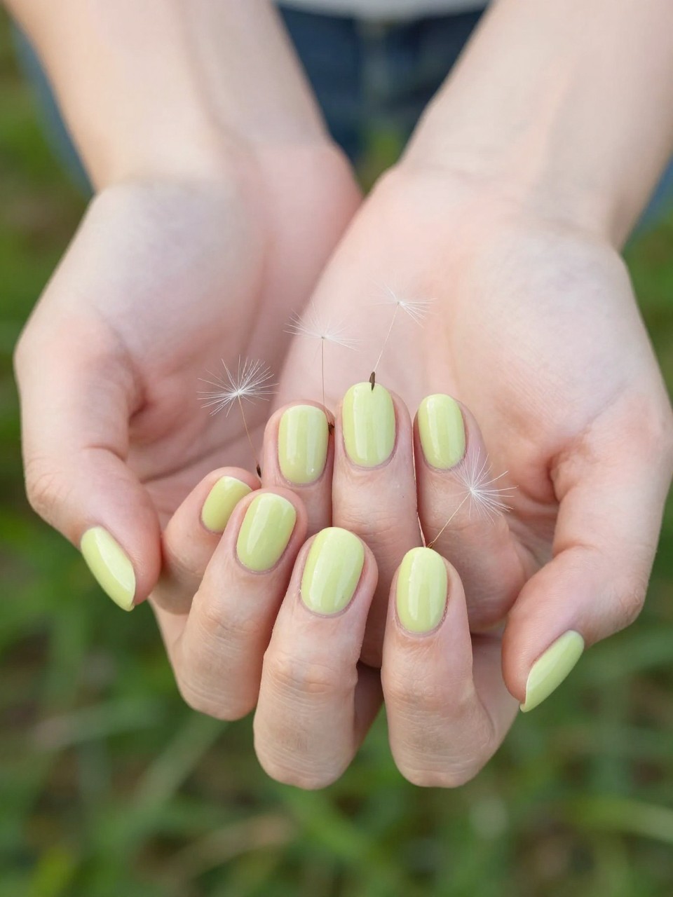 Bird's-eye view of hands with oval nails against a blurred grassy background. The nails are a soft green-yellow. Several dandelion puffs are painted, with white seed lines drifting off the nails. The mood is dreamy and light.