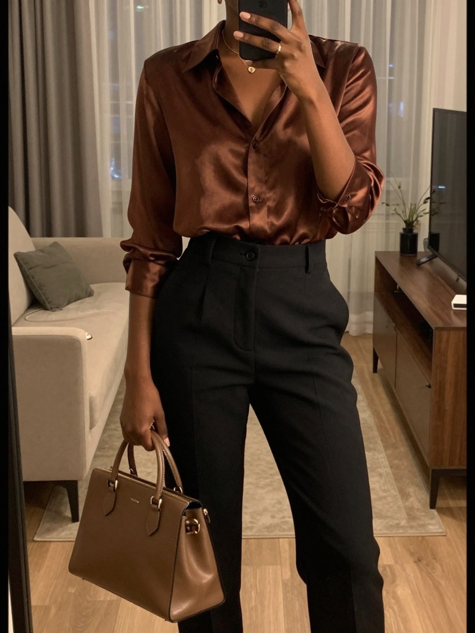 iPhone mirror selfie of a black woman in a silk blouse and tailored trousers, holding a top-handle bag, cropped at NECK so face doesn't show, in a city apartment, warm moody lighting, iPhone photo quality.