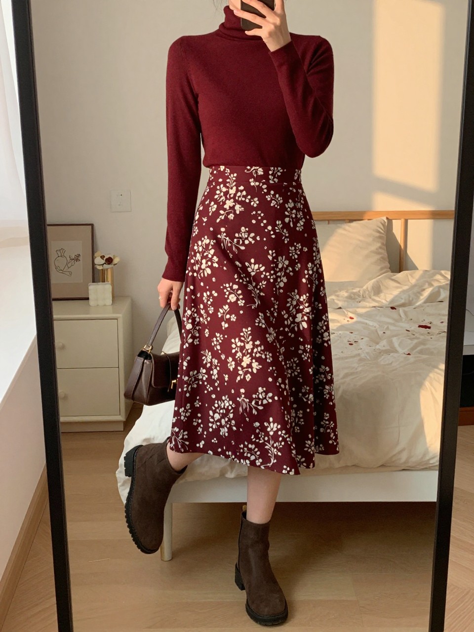 iPhone mirror selfie of a woman in a burgundy turtleneck and a burgundy floral midi skirt with ankle boots, standing with her weight on one leg, cropped at NECK so face doesn't show, in a feminine-themed bedroom, evening golden hour, iPhone photo quality.