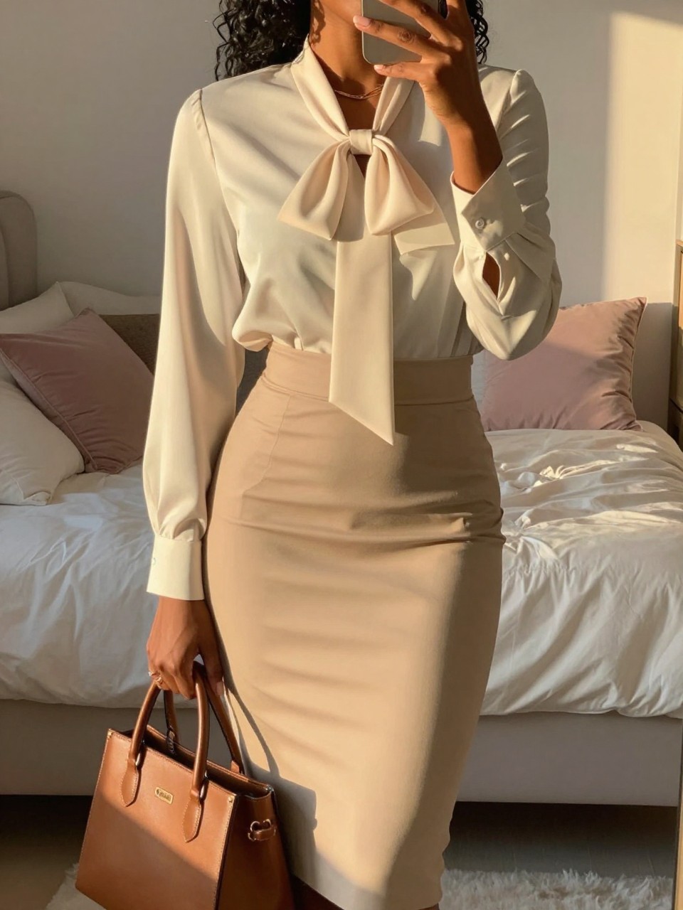 mirror selfie of a black woman in a bow-neck blouse and pencil skirt, holding a leather tote, cropped at NECK so face doesn't show, in a feminine-themed bedroom, evening golden hour, iPhone photo quality.