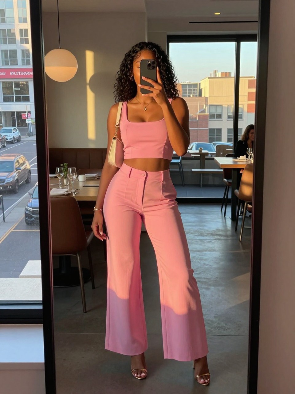 mirror selfie of a black woman in a pink crop top and wide-leg pants with heels, standing in a restaurant or event space, cropped at NECK so face doesn't show, in a city apartment, evening golden hour, iPhone photo quality.