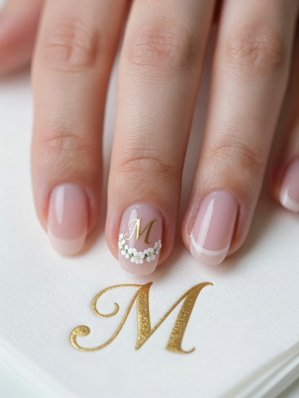 Macro focus on one accent nail. A delicate wreath of white flowers encircles a finely painted gold script initial "M". The other nails are a clean sheer pink. The hands rest on a monogrammed napkin at the reception.
