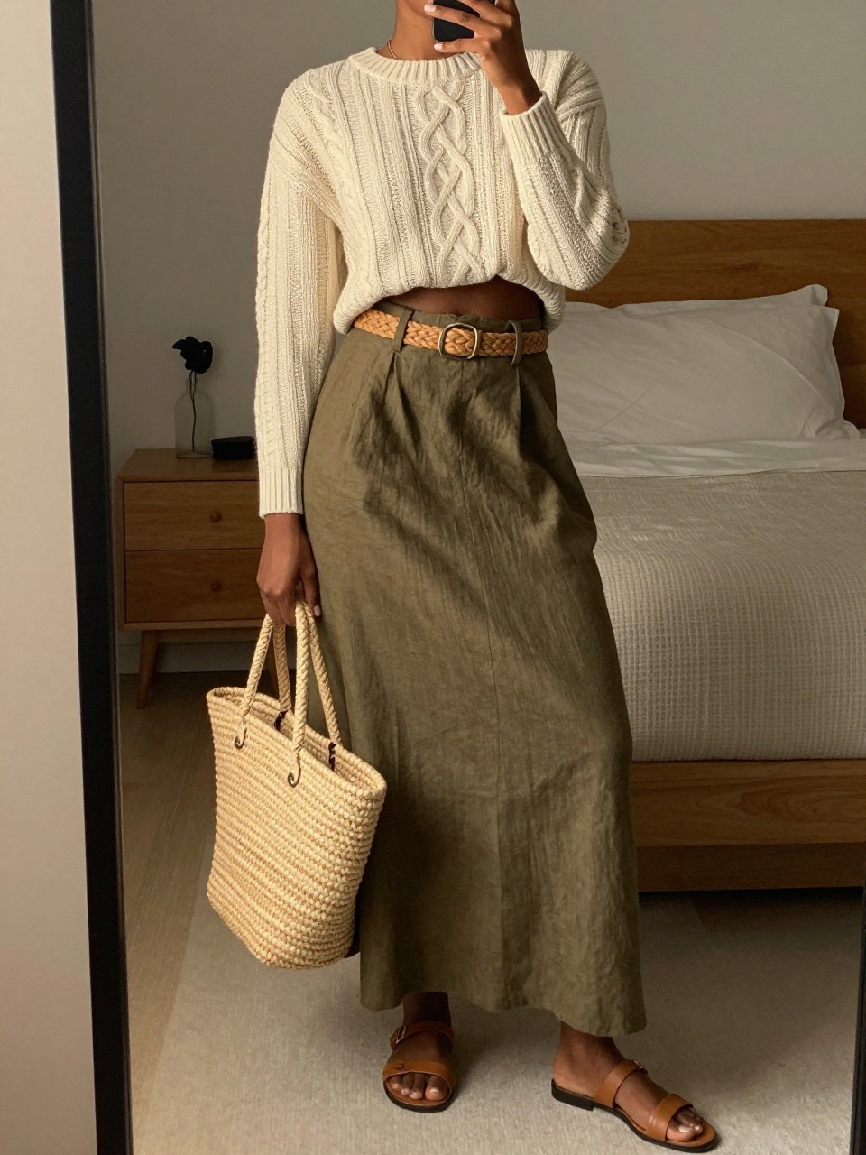 mirror selfie of a black woman wearing a cream cropped cable-knit sweater with a high-waisted olive green linen maxi skirt, a tan woven belt cinching her waist, and flat tan leather sandals, holding a straw tote bag, standing in a relaxed elegant pose, cropped at NECK so face doesn't show, in a feminine-themed bedroom, warm moody lighting, iPhone photo quality.