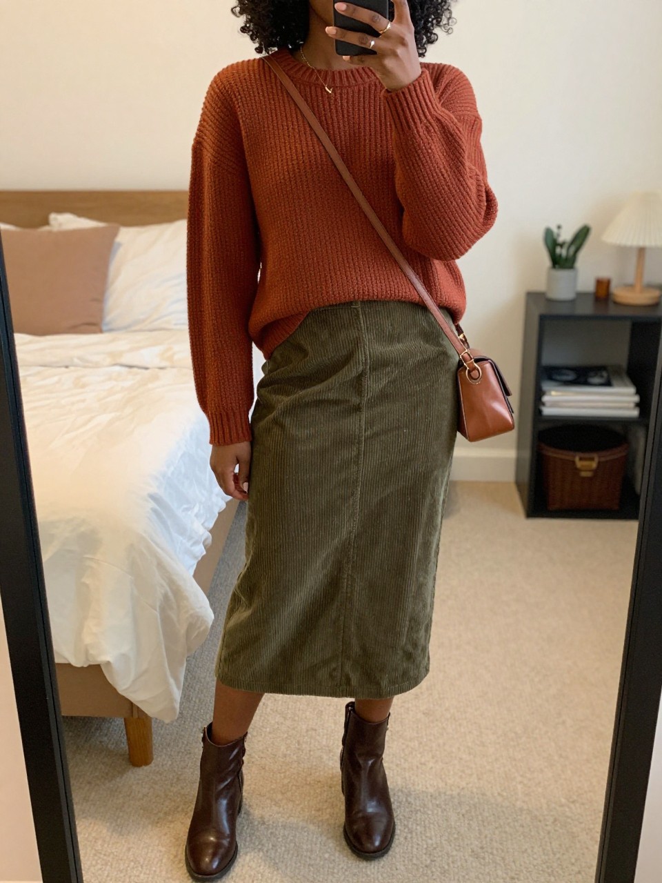 mirror selfie of a black woman wearing a rust-colored fine-knit sweater tucked into an olive green corduroy midi skirt with brown leather ankle boots and a matching brown crossbody bag, standing in an earthy relaxed pose, cropped at NECK so face doesn't show, in a feminine-themed bedroom, warm moody lighting, iPhone photo quality.