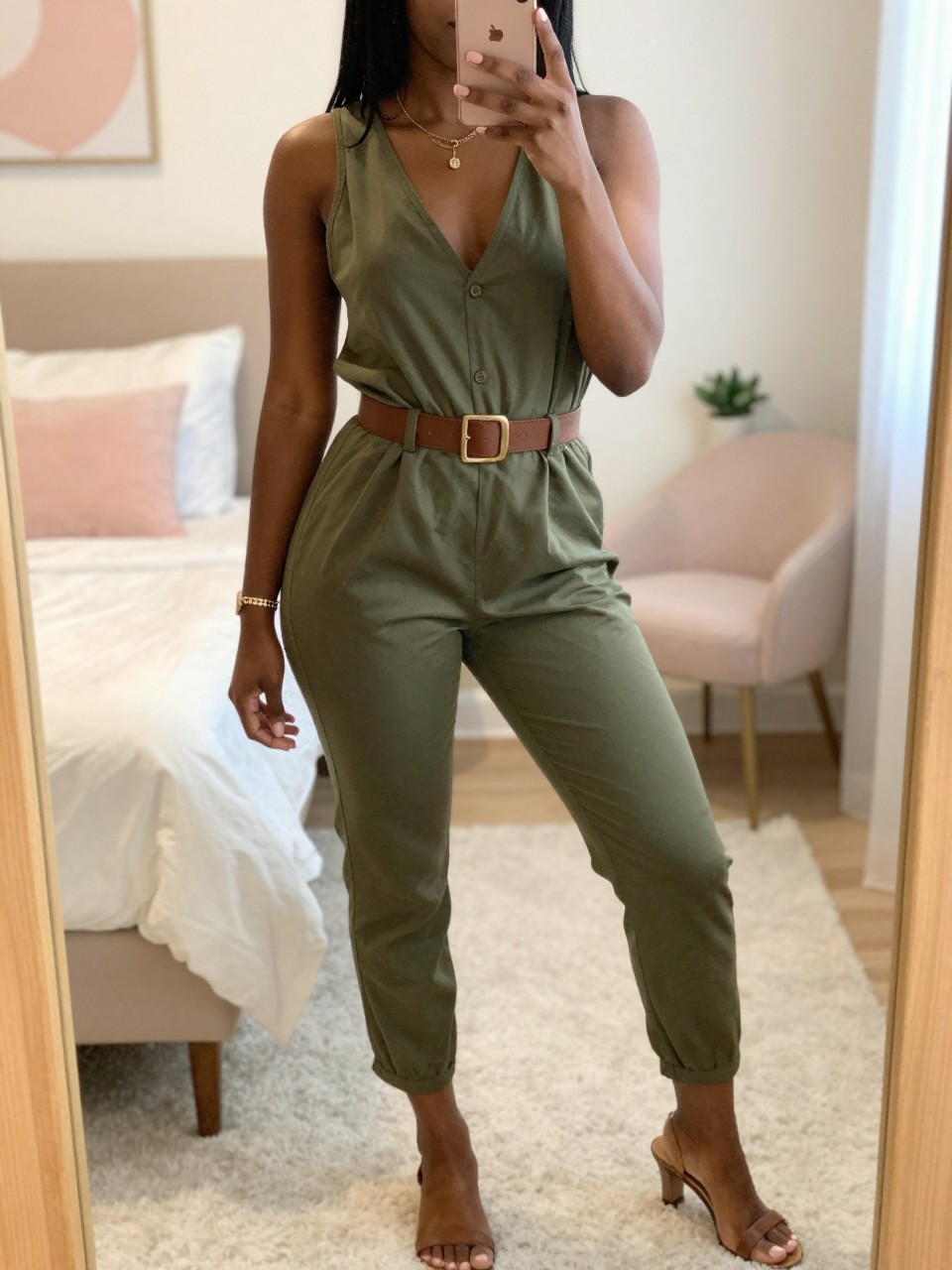 mirror selfie of a Black woman wearing an olive green jumpsuit with a brown belt and sandals, standing with her weight on one leg and phone held casually, cropped at NECK so face doesn't show, in a bright feminine-themed bedroom, warm moody lighting, iPhone photo quality.