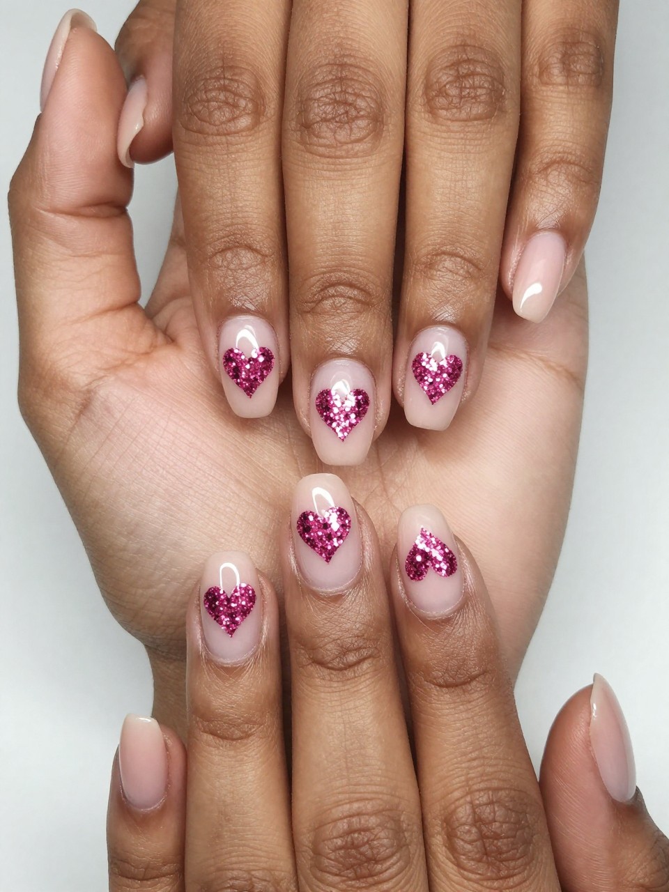 Bird's-eye view of black feminine hands with natural-length nails. The nails have a sheer base. On each nail, a heart is defined entirely by concentrated pink glitter. The rest of the nail is clean, making the heart the clear, sparkly focus.