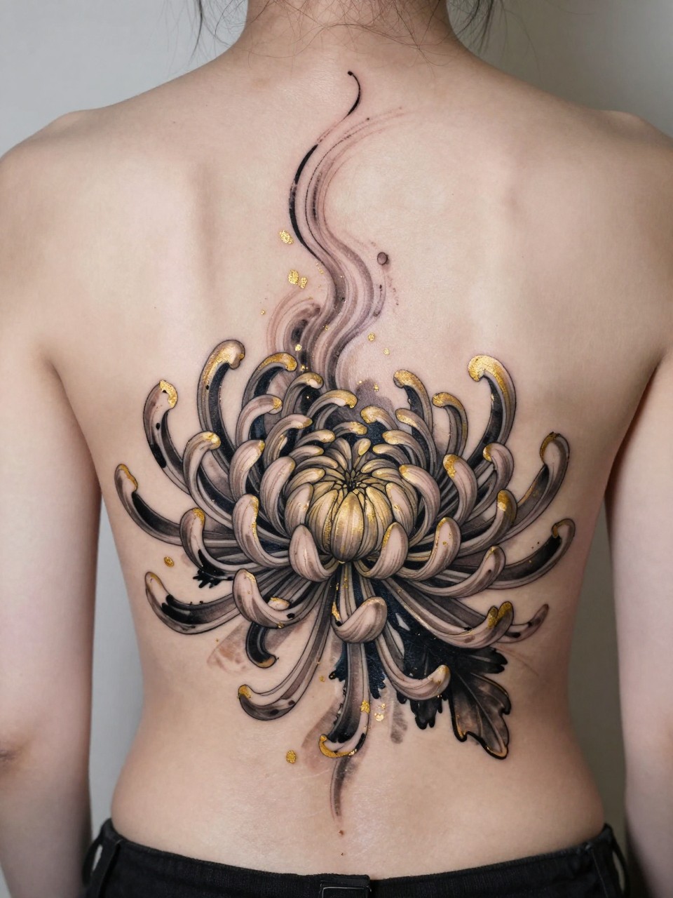 Mid-back dynamic piece tattoo: a detailed chrysanthemum at the center, its petals fragmenting and swirling upward in an abstract wash of black and gold ink."