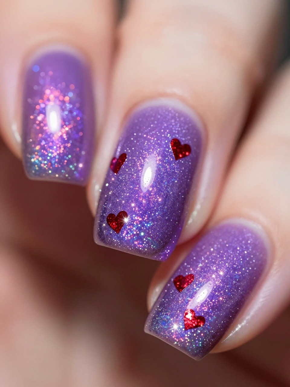 Macro shot of nails under bright light. The base is a shifting purple holographic cat eye. Multiple tiny red glitter hearts are embedded on the surface. The effect is intensely sparkly, festive, and cosmic.