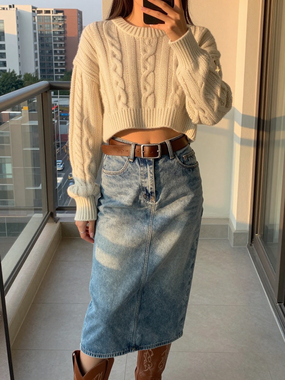 selfie of a woman wearing a cream cropped cable-knit sweater with a high-waisted light-wash denim midi skirt and brown leather western boots, a leather belt with a silver buckle, sunglasses perched on her head, standing in a relaxed western-inspired pose, cropped at NECK so face doesn't show, in a city apartment, evening golden hour, iPhone photo quality.