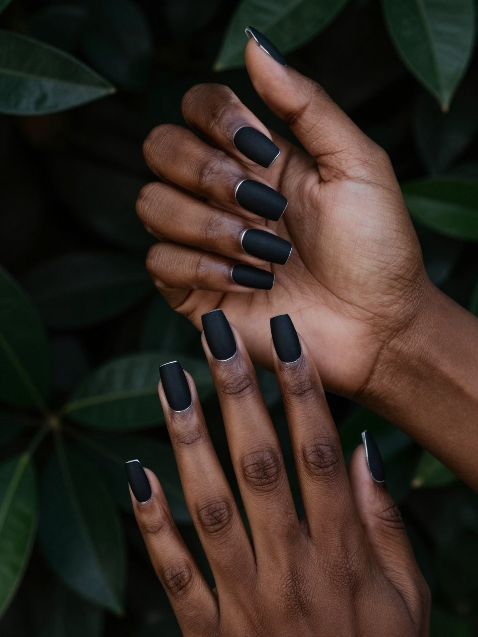 Overhead shot of black feminine hands against a backdrop of dark, lush greenery. The nails are a coffin shape, coated in a rich, flat matte black. Each nail is meticulously outlined along the cuticle and side edges with a sharp, gleaming silver line. Moody, directional lighting emphasizes the contrast.