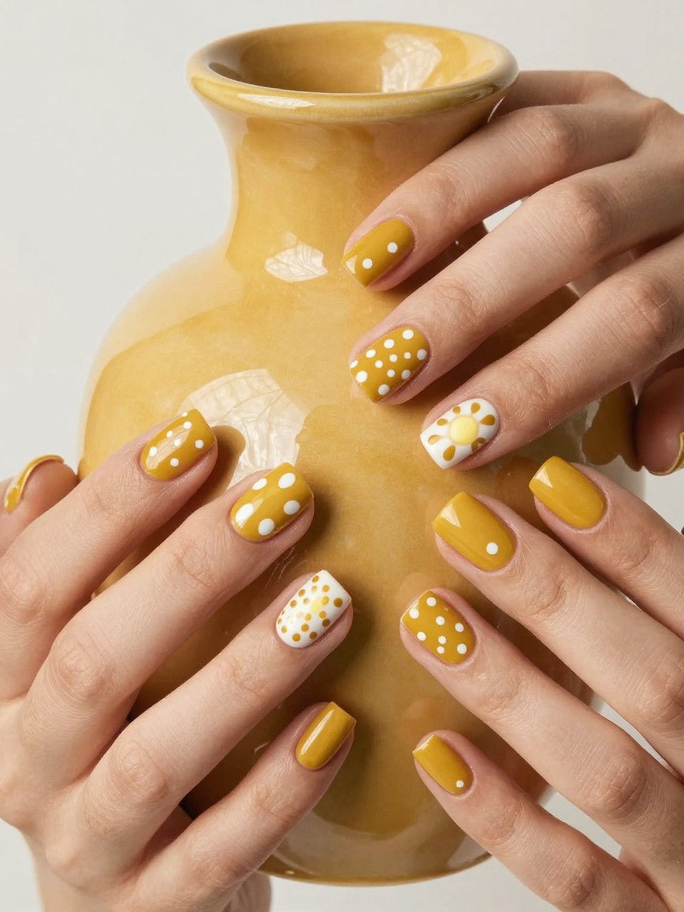 Top-down view of hands with short, square nails on a mustard-colored ceramic vase. The nails are matte mustard yellow with white polka dots. One accent nail has a flower formed from connected dots with a solid yellow center. The vibe is mid-century modern.