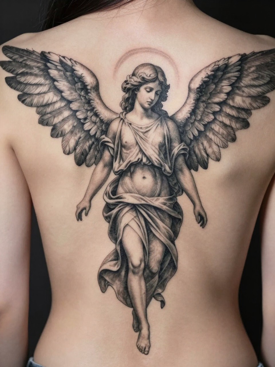 Upper to mid-back focus: A realistic angel tattoo in Renaissance style, with large, feather-textured wings spanning the shoulders. The figure flows downward, cloth draping dynamically. Soft greyscale with a subtle halo glow.