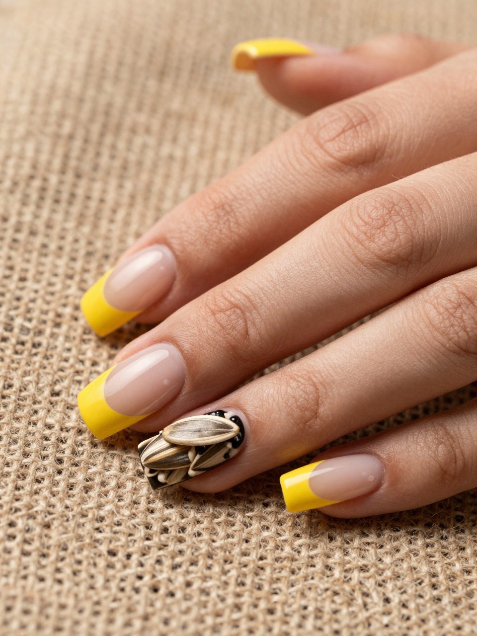Close-up, side-angle view of a black feminine nail. The base is nude. The tip is built up with thick yellow gel, embedded with real sunflower seeds. The hand is resting on a burlap sack, emphasizing the rustic, textured feel.