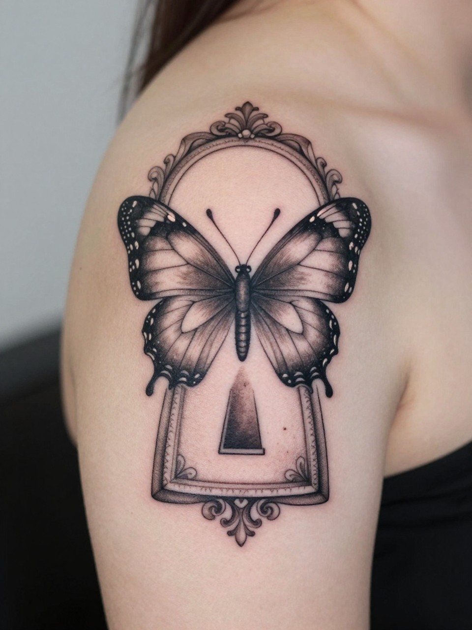 Close-up of the front shoulder tattoo: a detailed keyhole with a butterfly’s wings emerging from within. Filigree and scrollwork details.