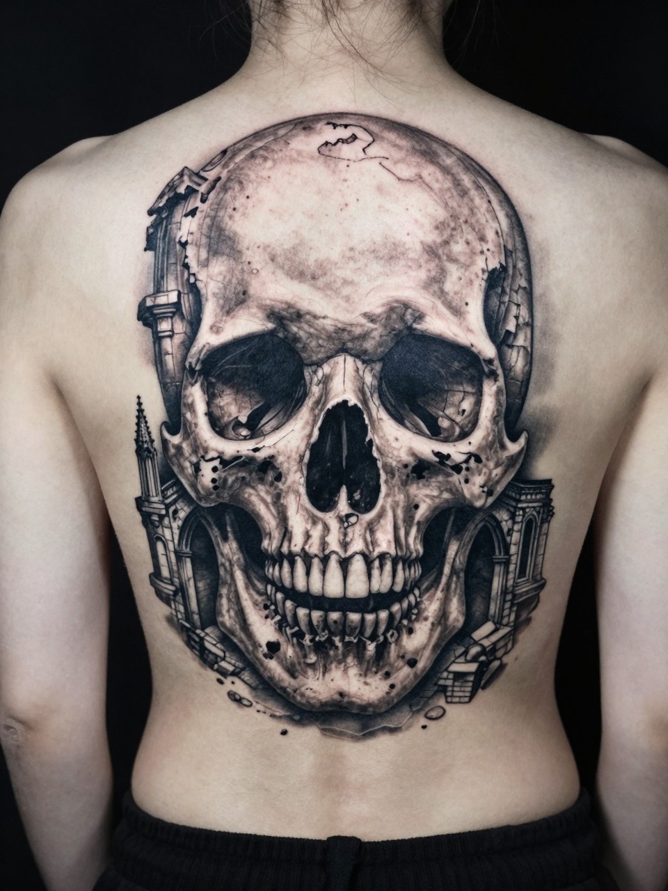 Central back piece tattoo: A skull where the cranium is a ruined cathedral, the eye sockets are stone arches. Fine, etched details of crumbling architecture make up the form. Strict black and grey realism."