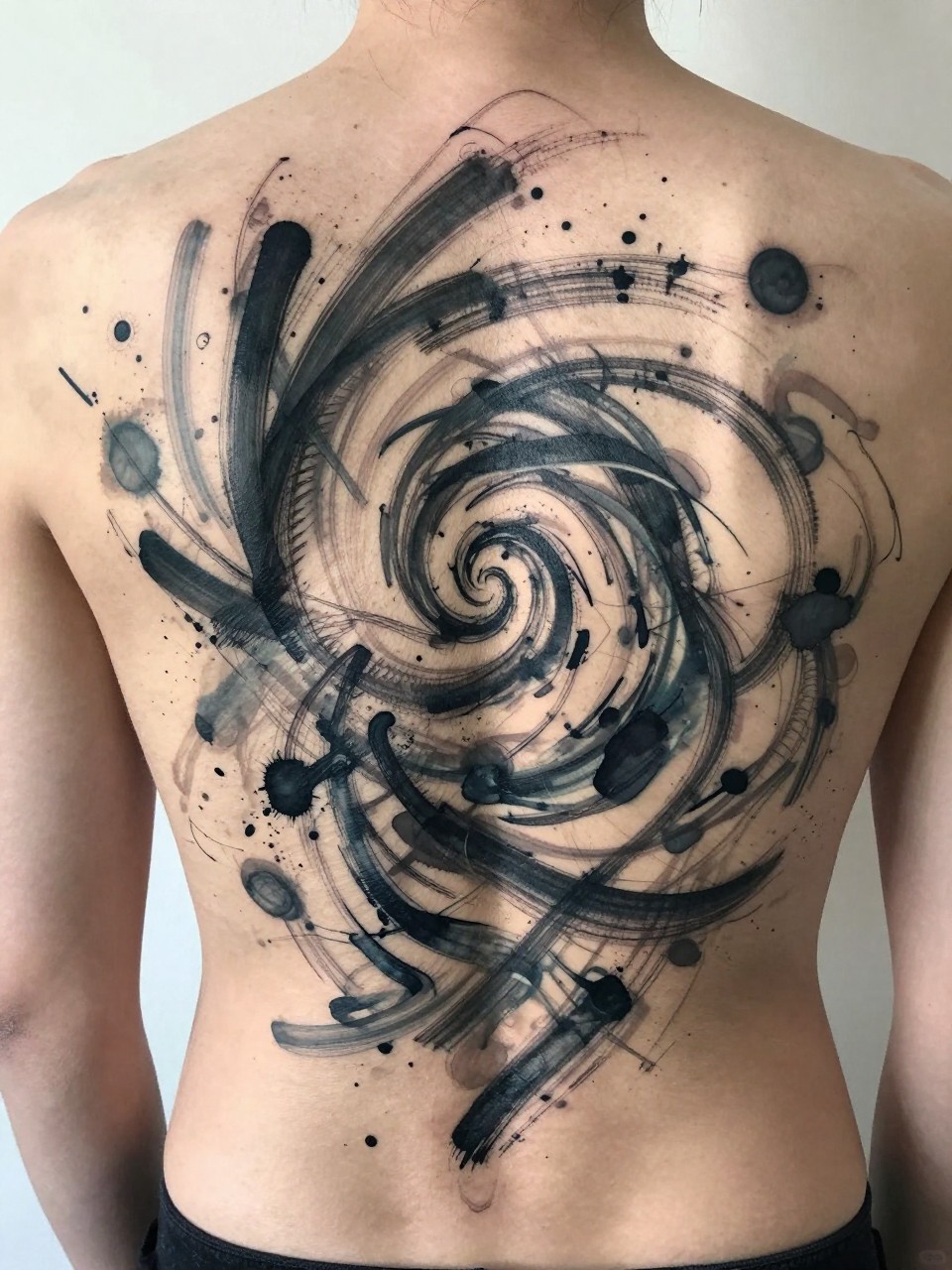 Full back abstract tattoo: Swirling, chaotic brushstrokes and ink splatters forming a turbulent seascape. The spine acts as a central whirlpool. Looks like an energetic, modern painting on skin."