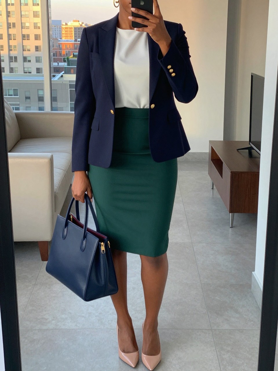 mirror selfie of a black woman wearing a navy blazer with gold buttons over a white shell top tucked into a hunter green pencil skirt with nude pointed flats and gold hoop earrings, holding a structured navy tote, standing in a polished professional pose, cropped at NECK so face doesn't show, in a city apartment, evening golden hour, iPhone photo quality.