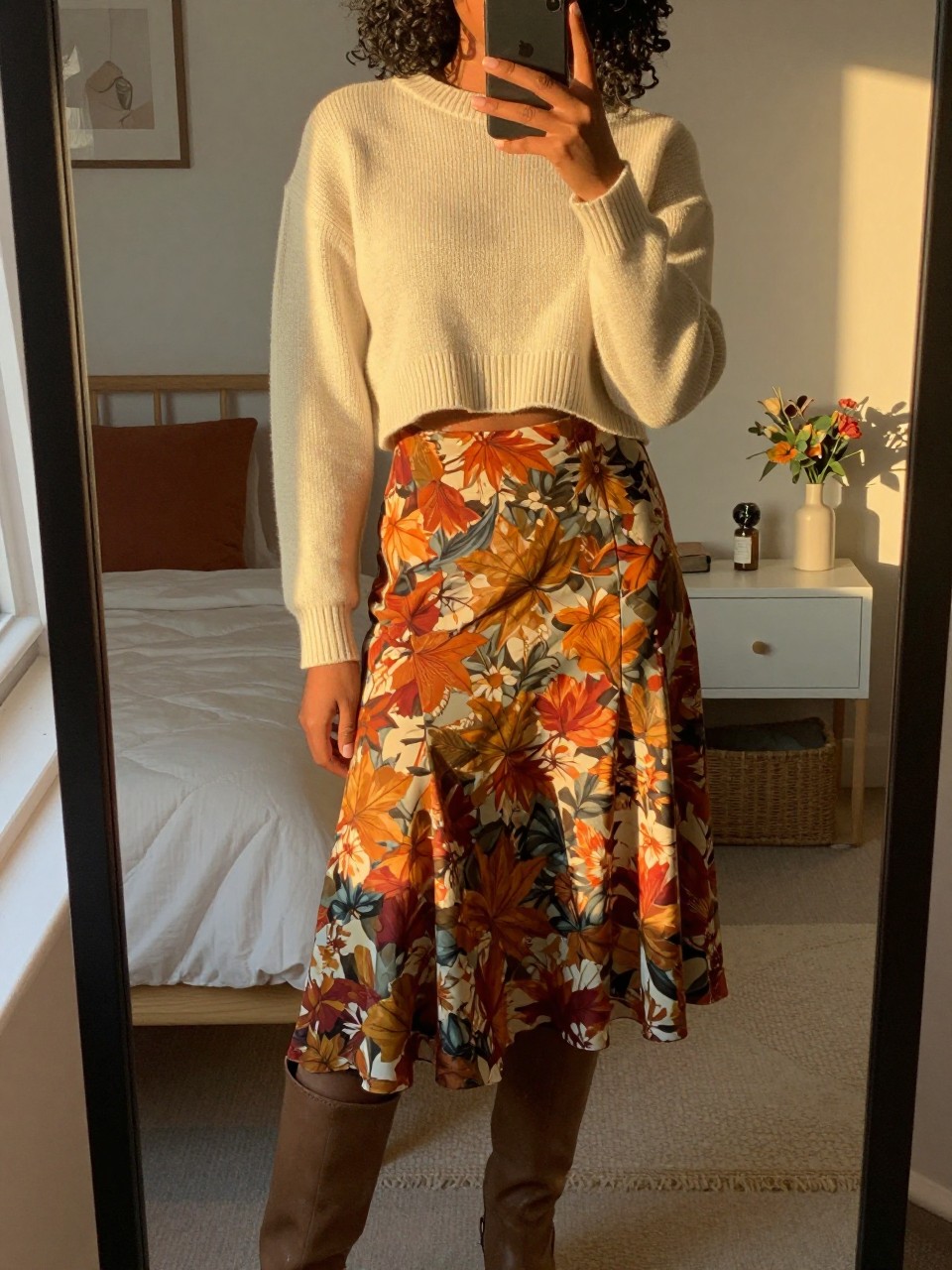 iPhone mirror selfie of a black woman in a cream cropped sweater and an autumn floral skirt with knee-high boots, standing with phone in hand, cropped at NECK so face doesn't show, in a feminine-themed bedroom, evening golden hour, iPhone photo quality.