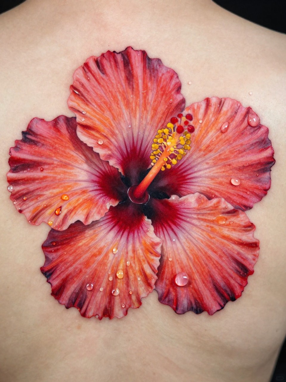 Macro detail on the back tattoo: a photorealistic red hibiscus with detailed stamen and veins. Several dewdrops cling to the petals, reflecting light. Vivid pinks and yellows."