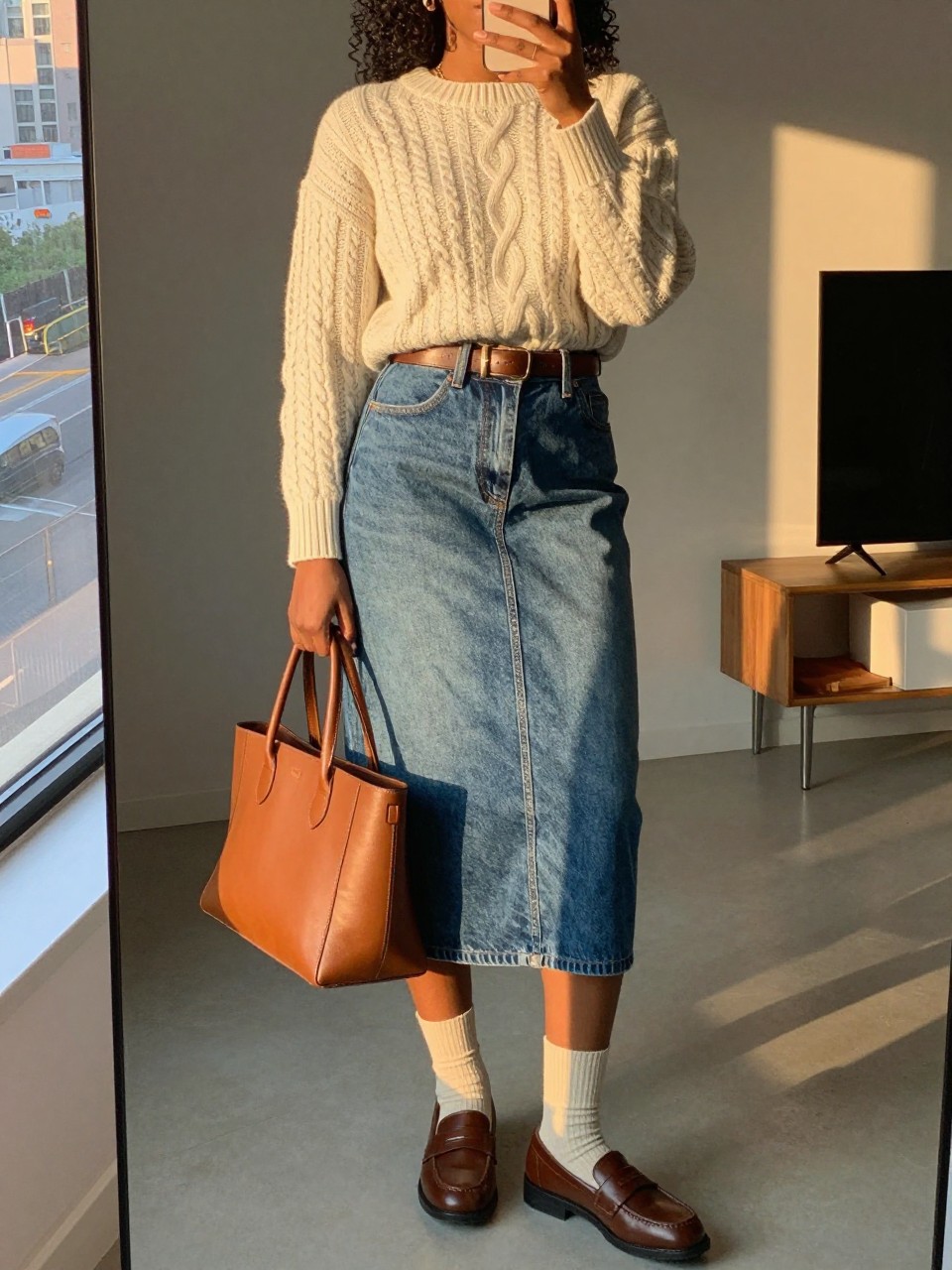 mirror selfie of a black woman wearing a cream cable-knit sweater tucked into a mid-wash denim midi skirt with a brown leather belt, brown penny loafers, and cream knee-high socks, holding a tan leather tote, standing in a polished preppy pose, cropped at NECK so face doesn't show, in a city apartment, evening golden hour, iPhone photo quality.
