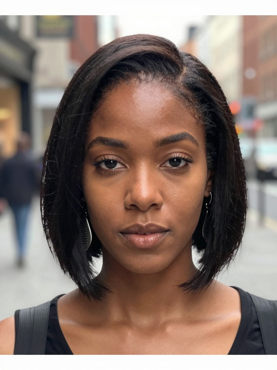Photo of a black woman wearing an asymmetrical bob, front-facing view showing the different lengths on each side, setting is a blurred city street background, soft indoor lighting from a storefront, containing statement earrings on the longer side, iPhone photo quality.