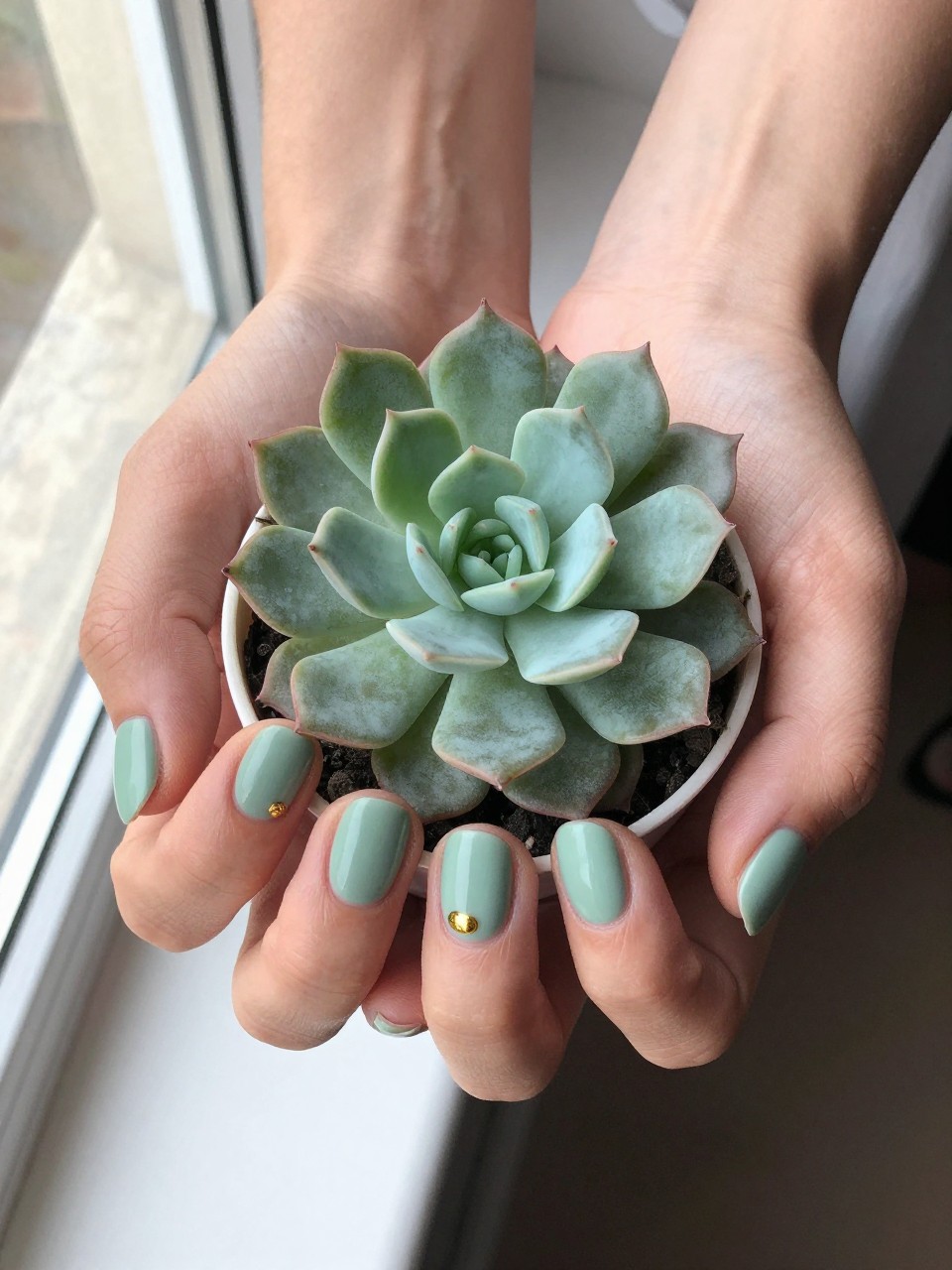 Bird's-eye view of feminine black hands with short, oval nails gently holding a small potted succulent. The nails are a soft, matte sage green. A single, precise dot of shiny gold is centered on each ring finger nail. Sunlight from a window makes the gold accent gleam softly.
