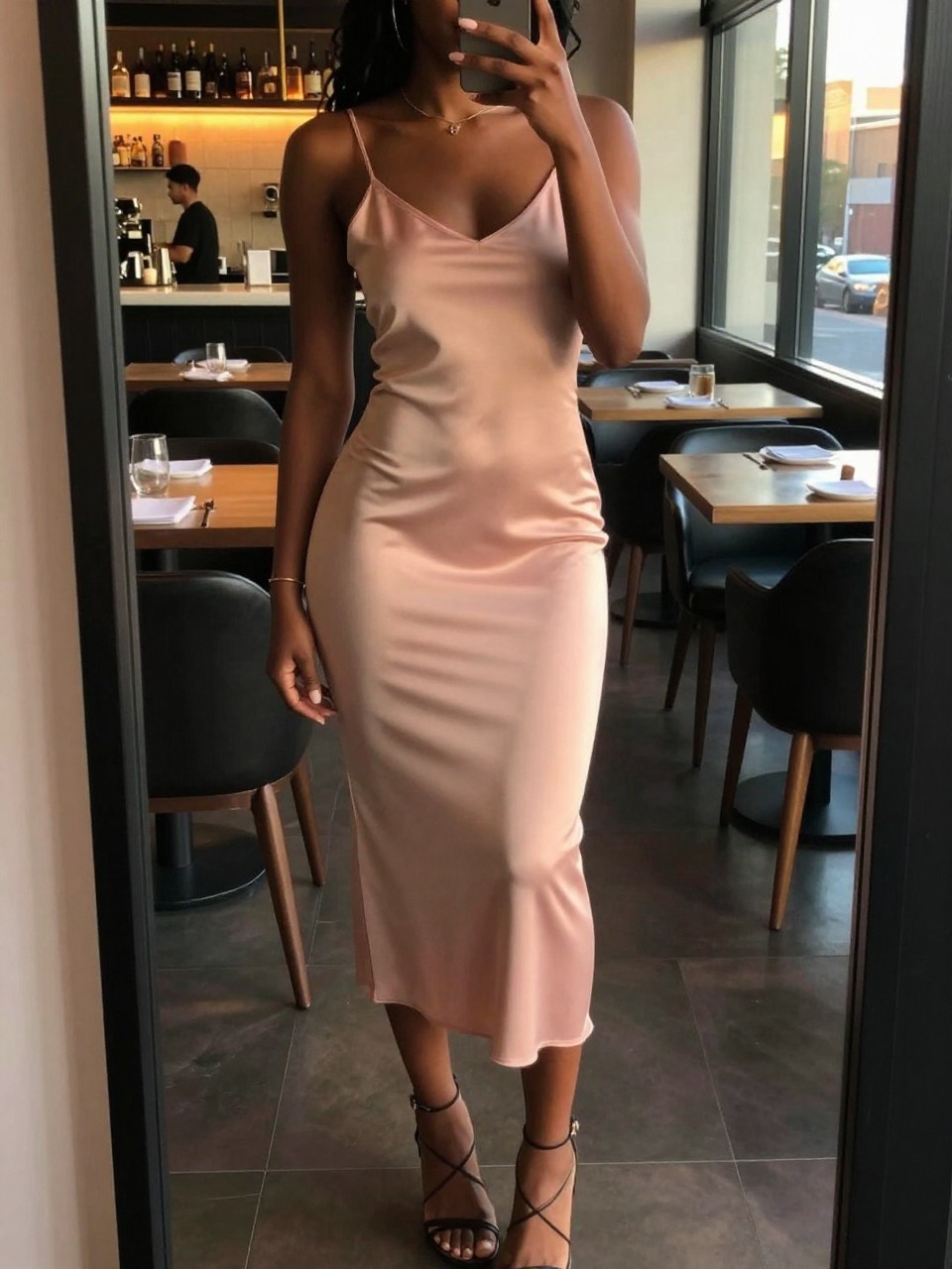 mirror selfie of a black woman in a blush pink slip dress and strappy heels, standing in a restaurant or bar with ambient lighting, cropped at NECK so face doesn't show, in a city apartment, evening golden hour, iPhone photo quality.