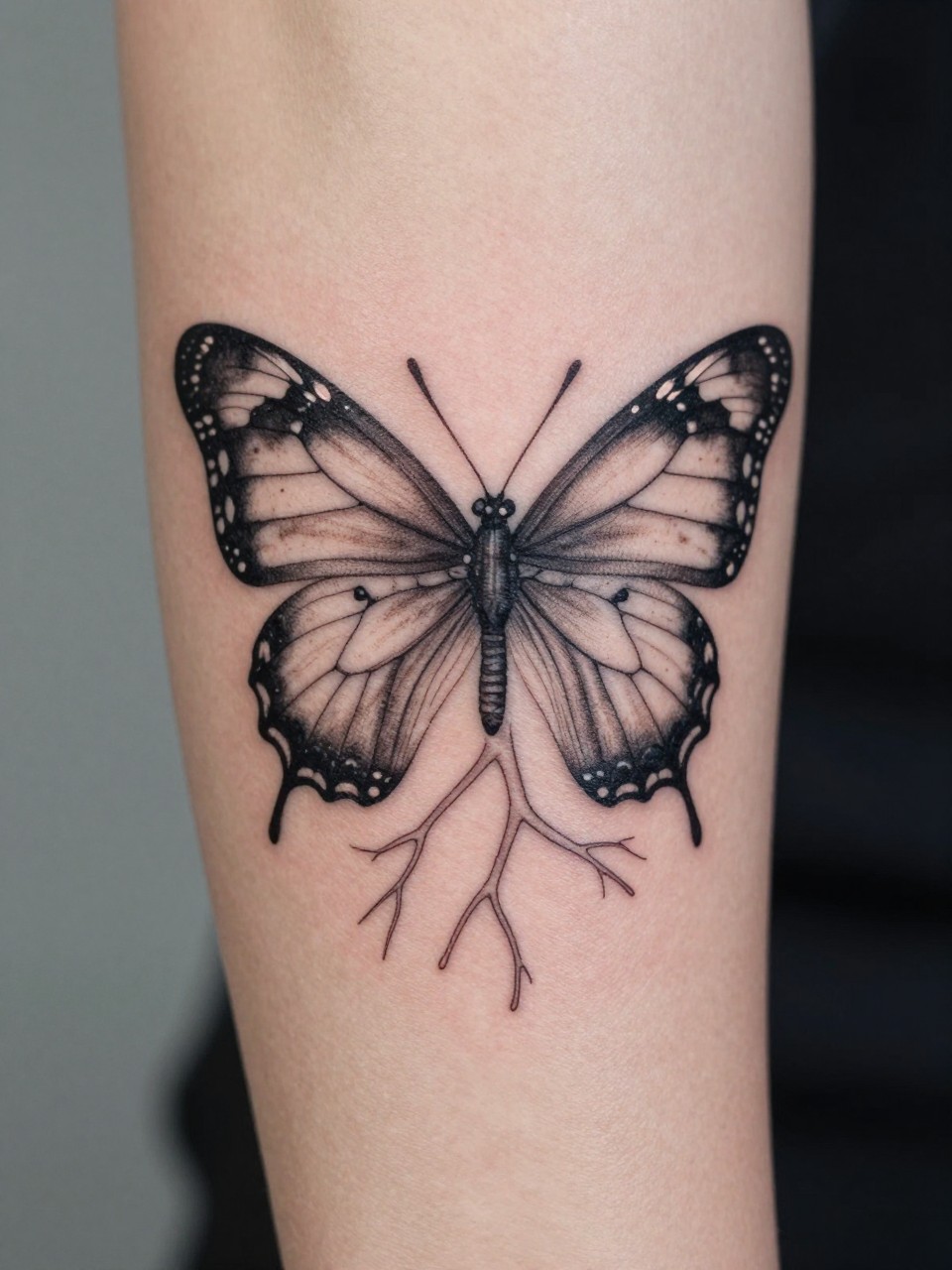 Close-up of inner arm tattoo: detailed line-drawn anatomy with a butterfly whose veins mirror the vascular system beneath. Scientific and symbolic fusion.