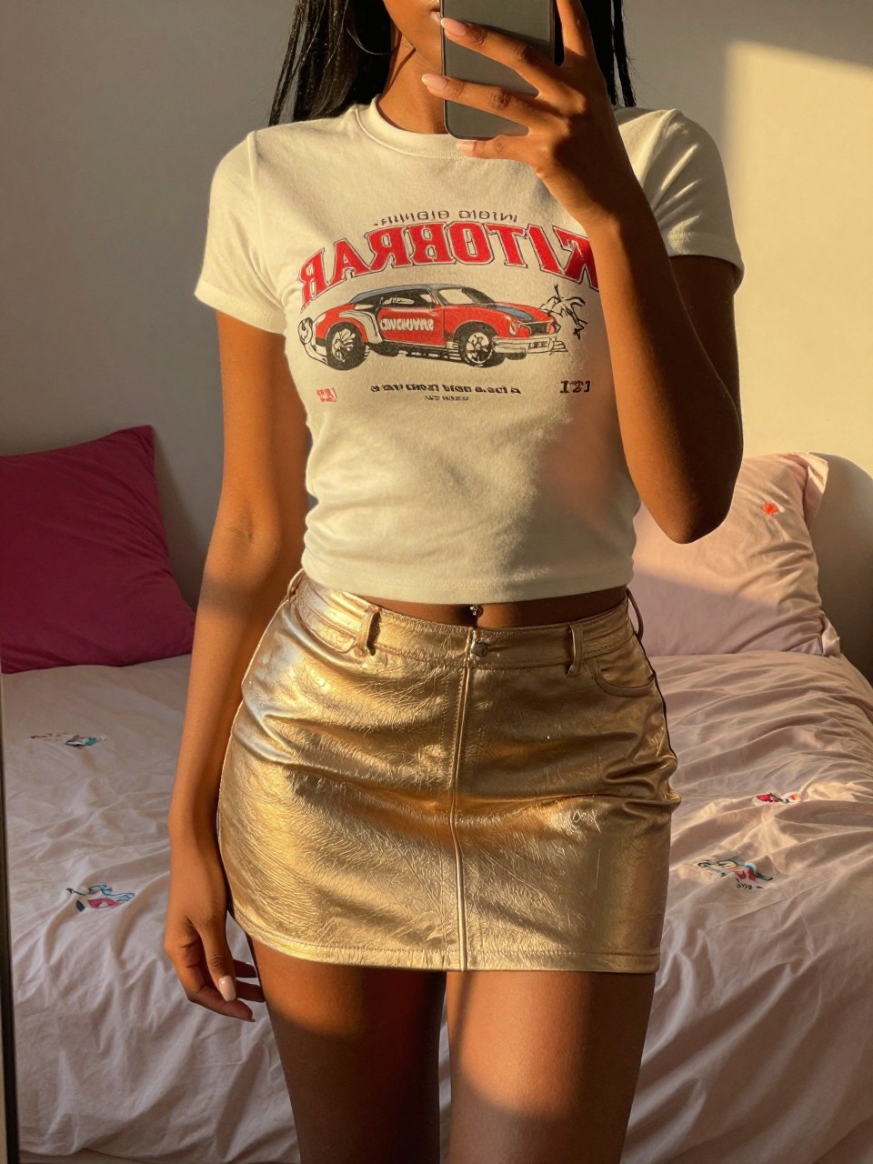 mirror selfie of a black woman in a graphic tee and metallic skirt, cropped at NECK so face doesn't show, in a feminine-themed bedroom, evening golden hour, iPhone photo quality.