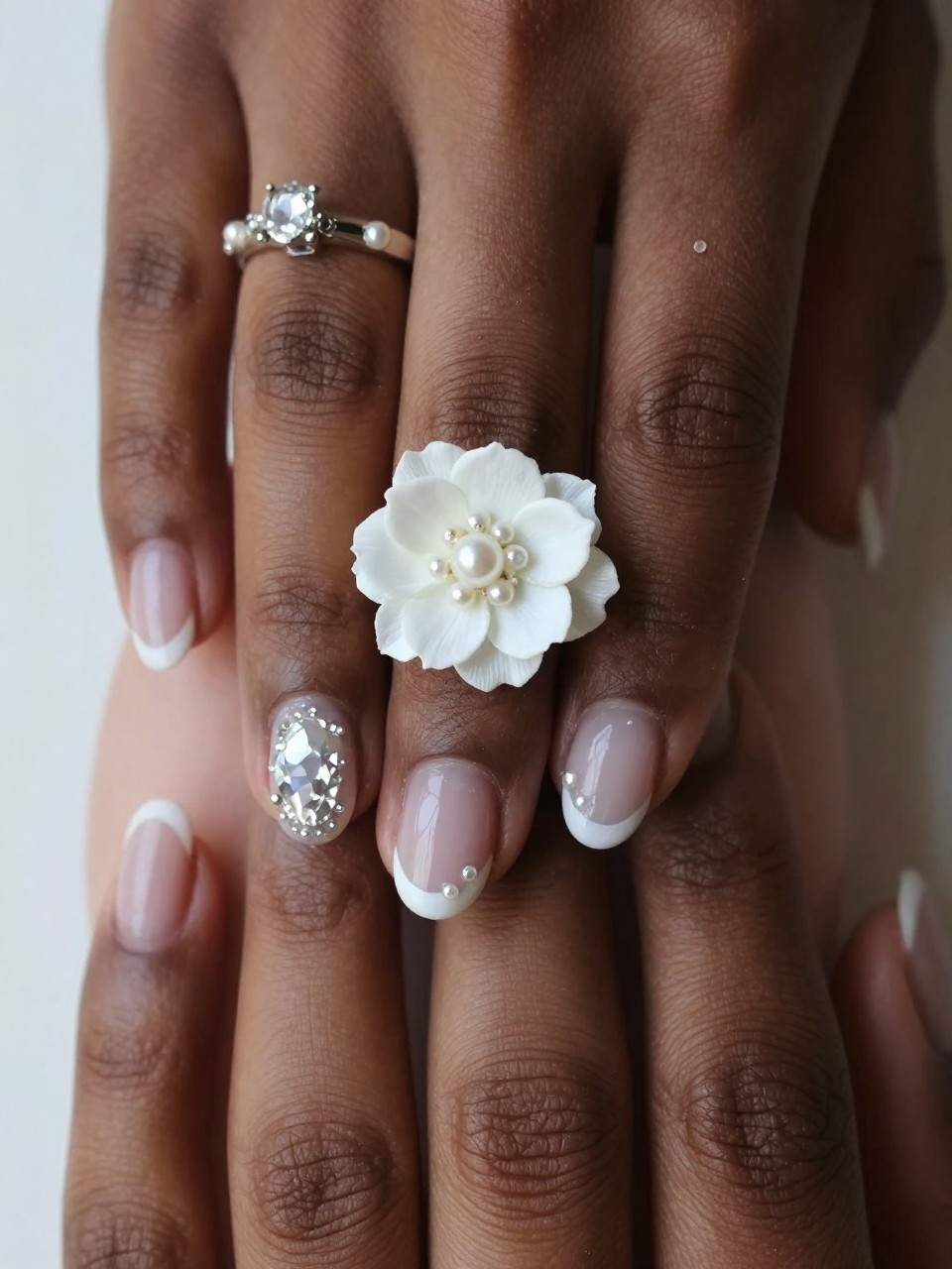 Extreme close-up of a black feminin hands. A miniature bouquet of white flowers is painted on the nail designs. Several micro pearls are nestled within the petals. The bride’s engagement ring and wedding band are visible, sparkling beside it.