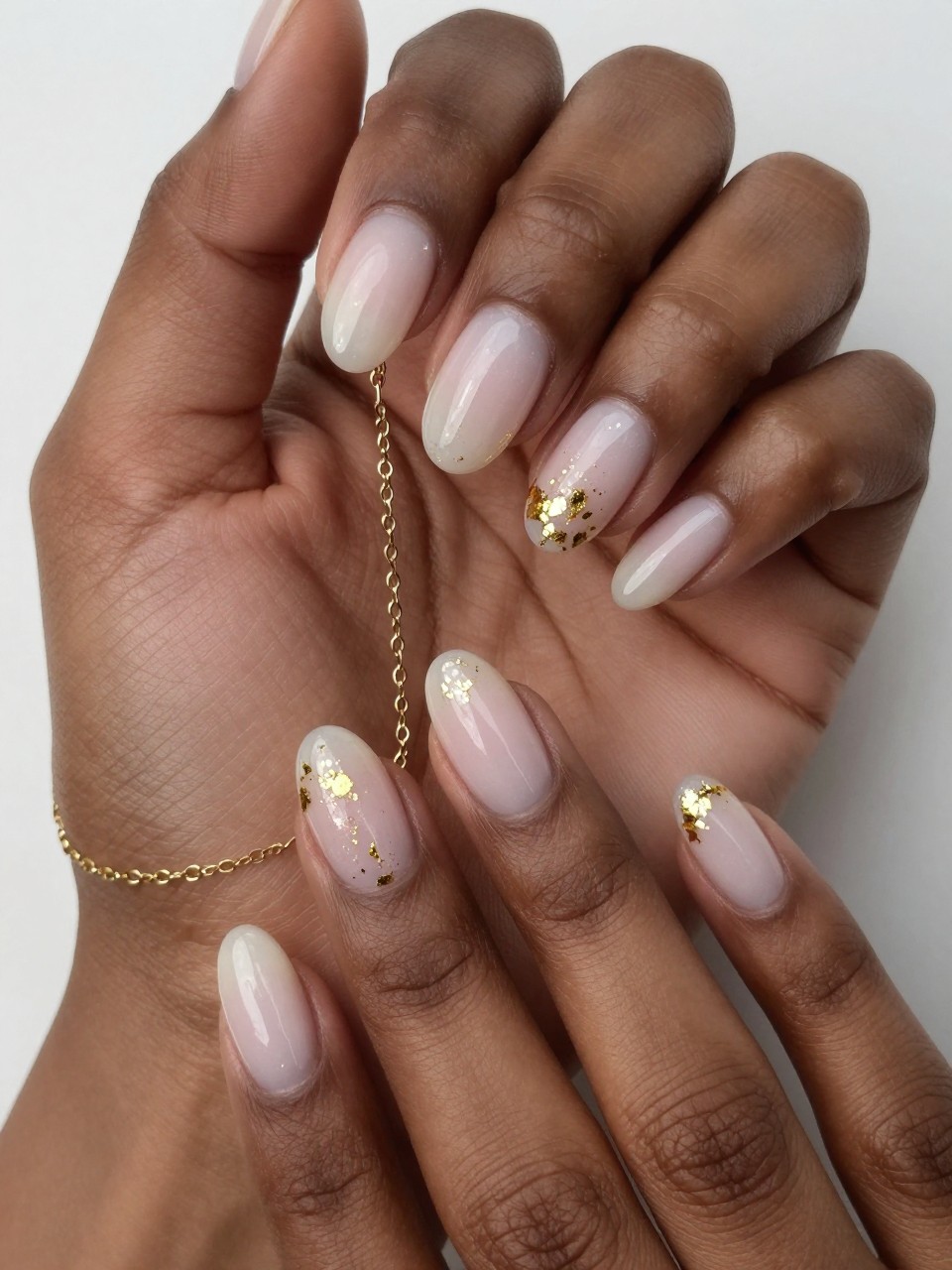 Bird's-eye view of black feminine hands gently holding a delicate gold chain. The nails are oval with a gradient from a milky white-pink to clear. Fine gold leaf flakes are captured within the polish, concentrated in the mid-section of each nail. Soft light makes the gold flecks shimmer.